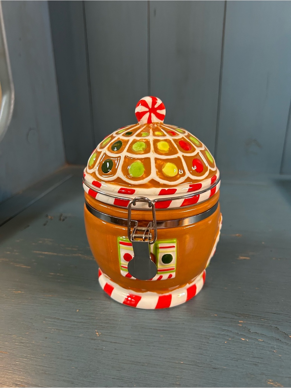 Holiday Gingerbread Cookie Jar - Festive Brown and Red by: Sleigh Bell Bistro